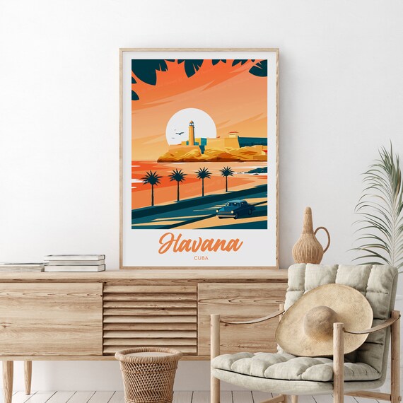 Havana Cuba Sunset Fortress Classic Car Palm Trees Travel Poster