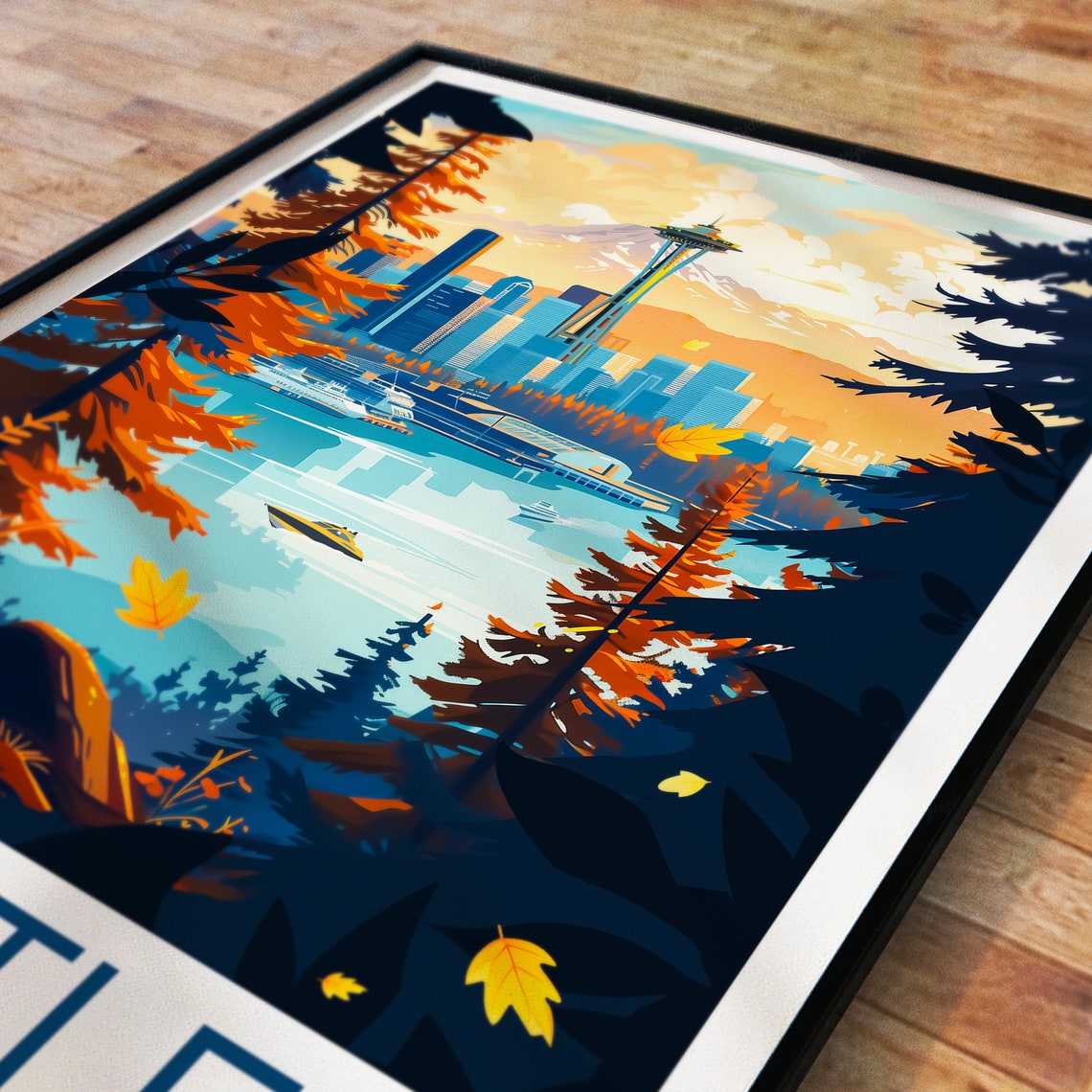 Seattle United States Space Needle Autumn Harbor View Poster - Image 3