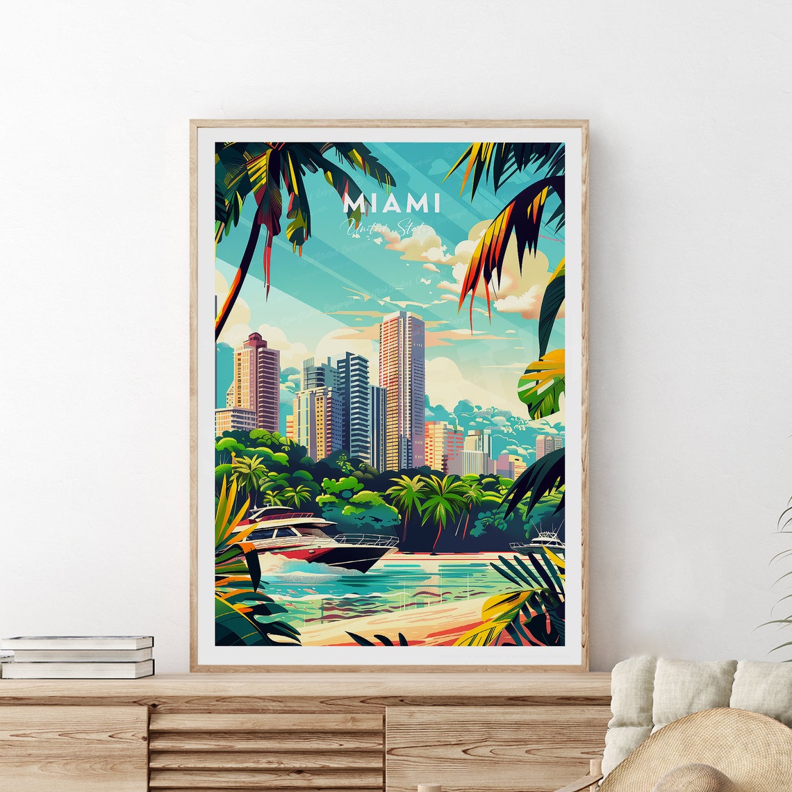 Miami Florida Skyline Palm Trees Yacht Tropical Waterfront Poster