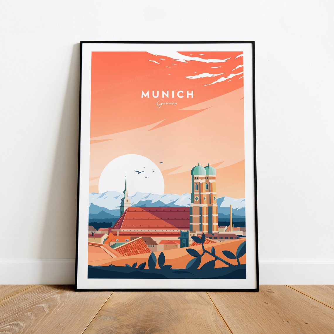 Munich Germany Sunset Skyline Frauenkirche Alps Travel Poster