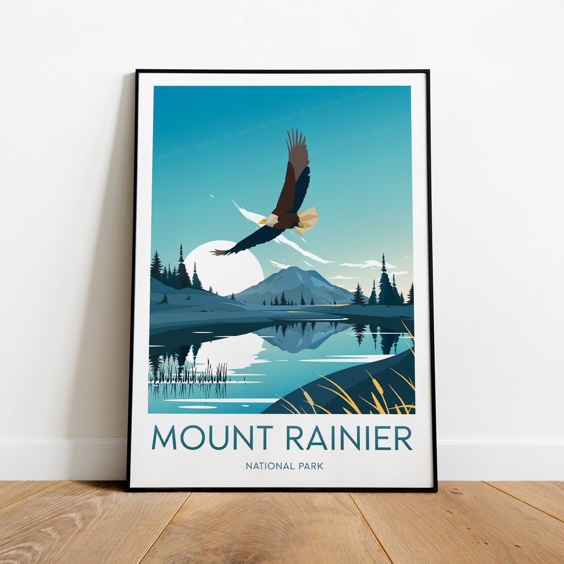 Mount Rainier National Park Bald Eagle Alpine Lake Wildlife Poster