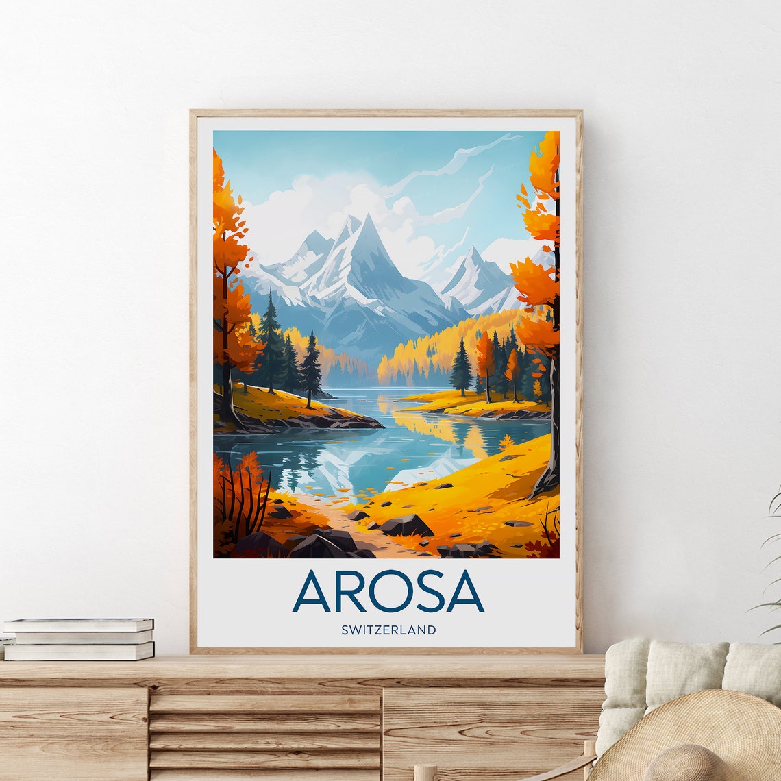 Arosa Switzerland Autumn Alpine Lake Mountain Reflection Travel Poster