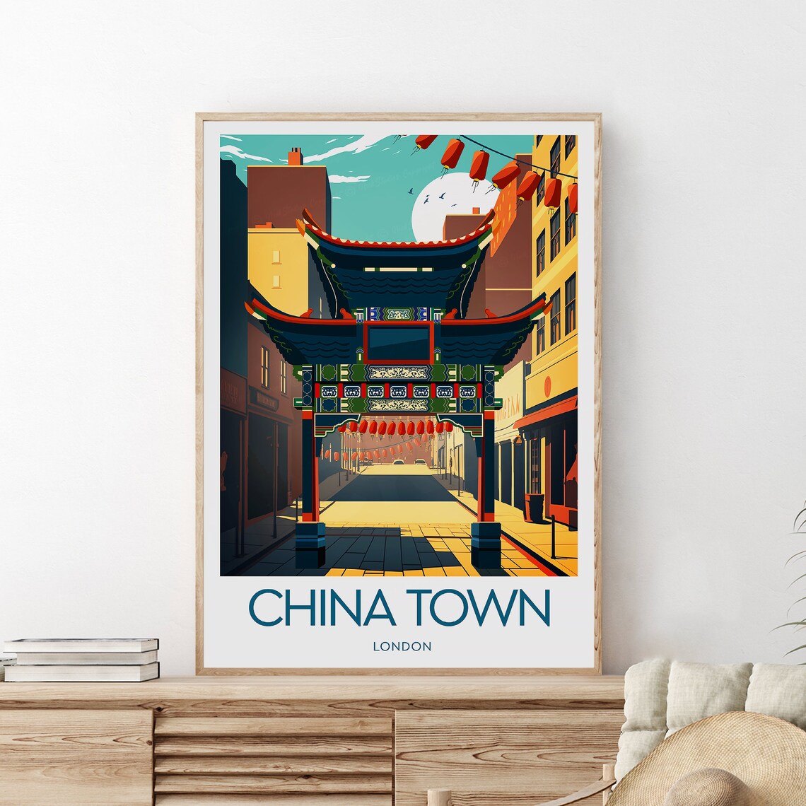 Chinatown London Pagoda Gate Lanterns Street Traditional Travel Poster