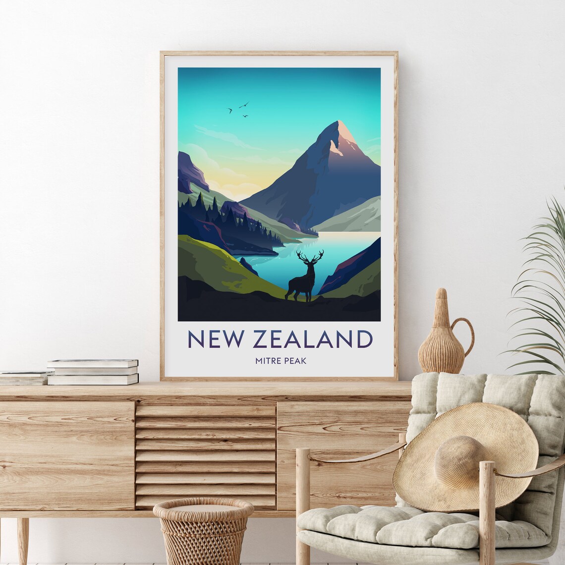 New Zealand Mitre Peak Milford Sound Stag Mountain Lake Poster - Image 2