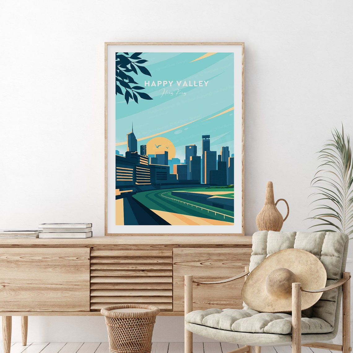 Happy Valley Hong Kong White Script Racecourse Sunset Poster - Image 2
