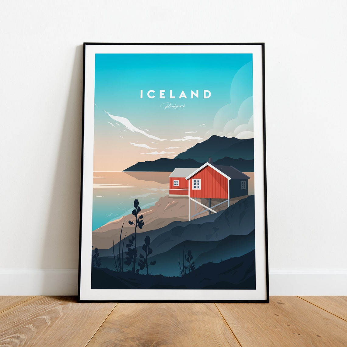 Iceland Reykjavik Red Cabin Rocky Coastline Ocean Travel Poster - Image 2