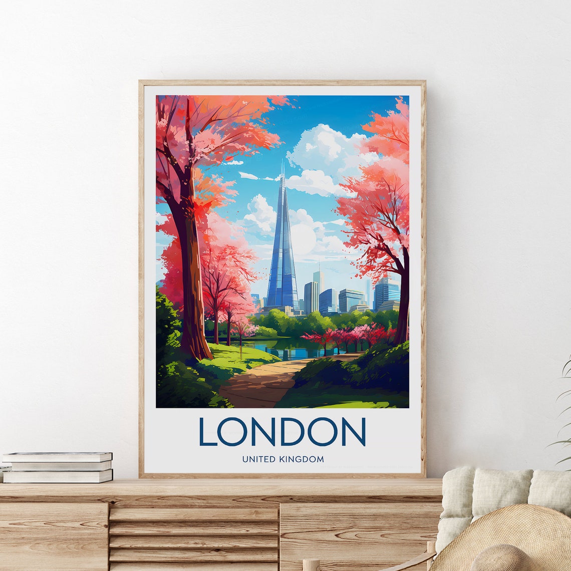 London Shard Blossom Park Spring United Kingdom Travel Poster