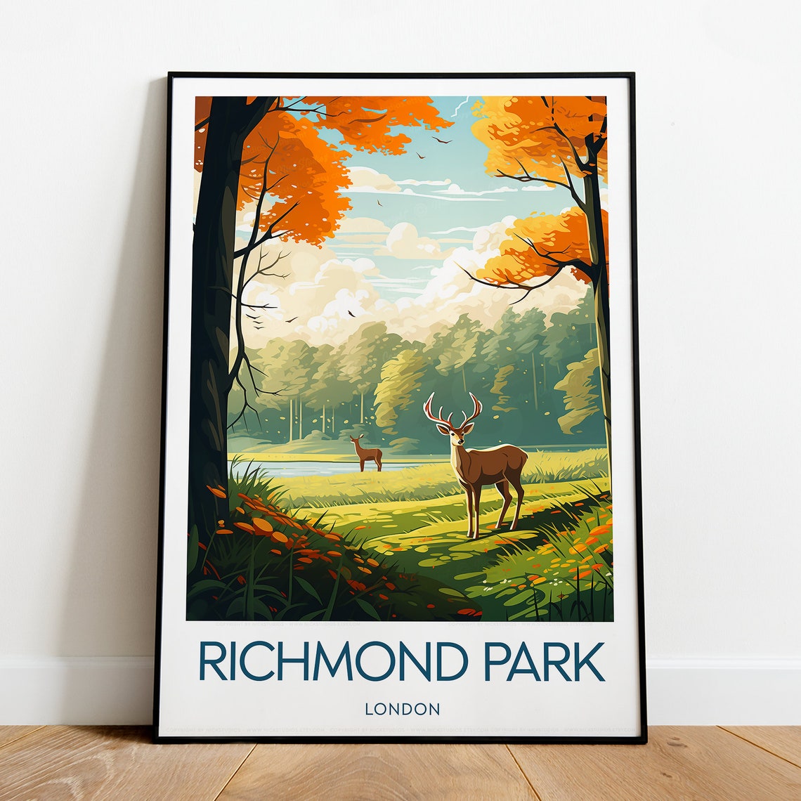 Richmond Park London Deer Stag Autumn Woodland Landscape Poster - Image 2