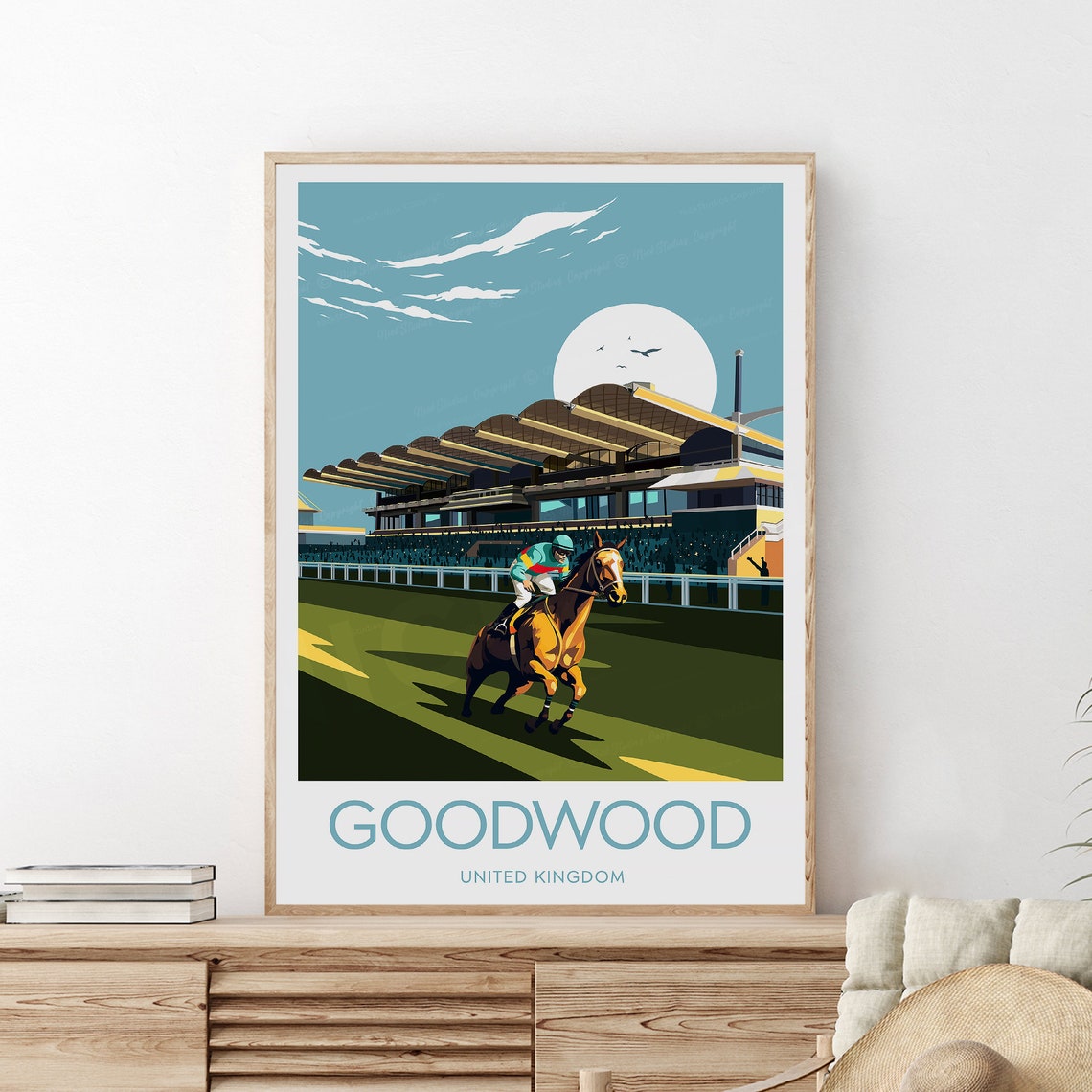 Goodwood Racecourse Horse Racing Sunset Action Scene Poster UK
