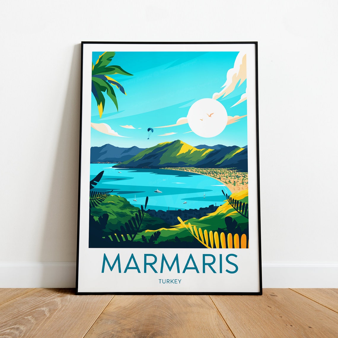 Marmaris Turkey Turquoise Bay With Mountains And Paraglider Poster