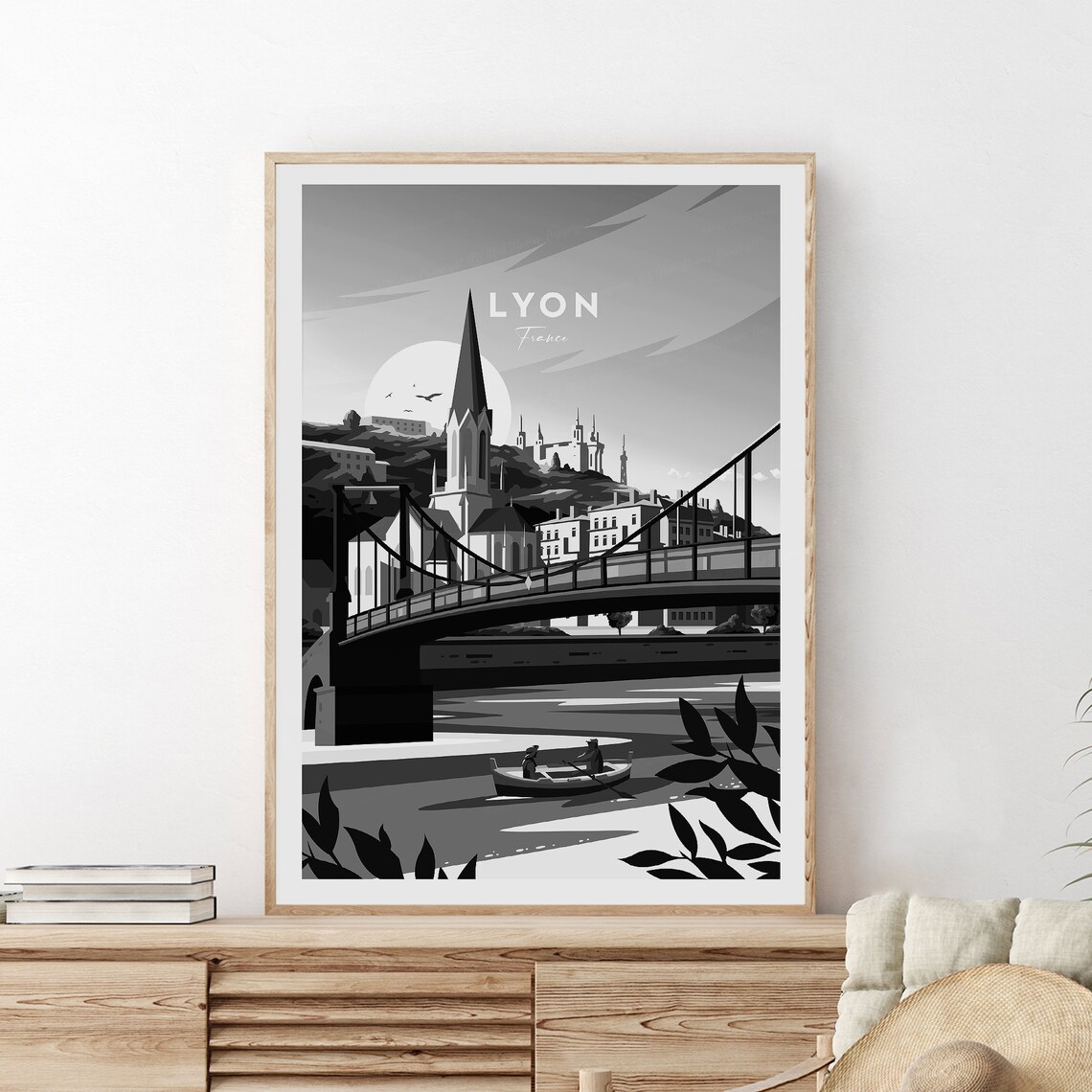 Lyon France Black And White Bridge And Church Spire City Poster