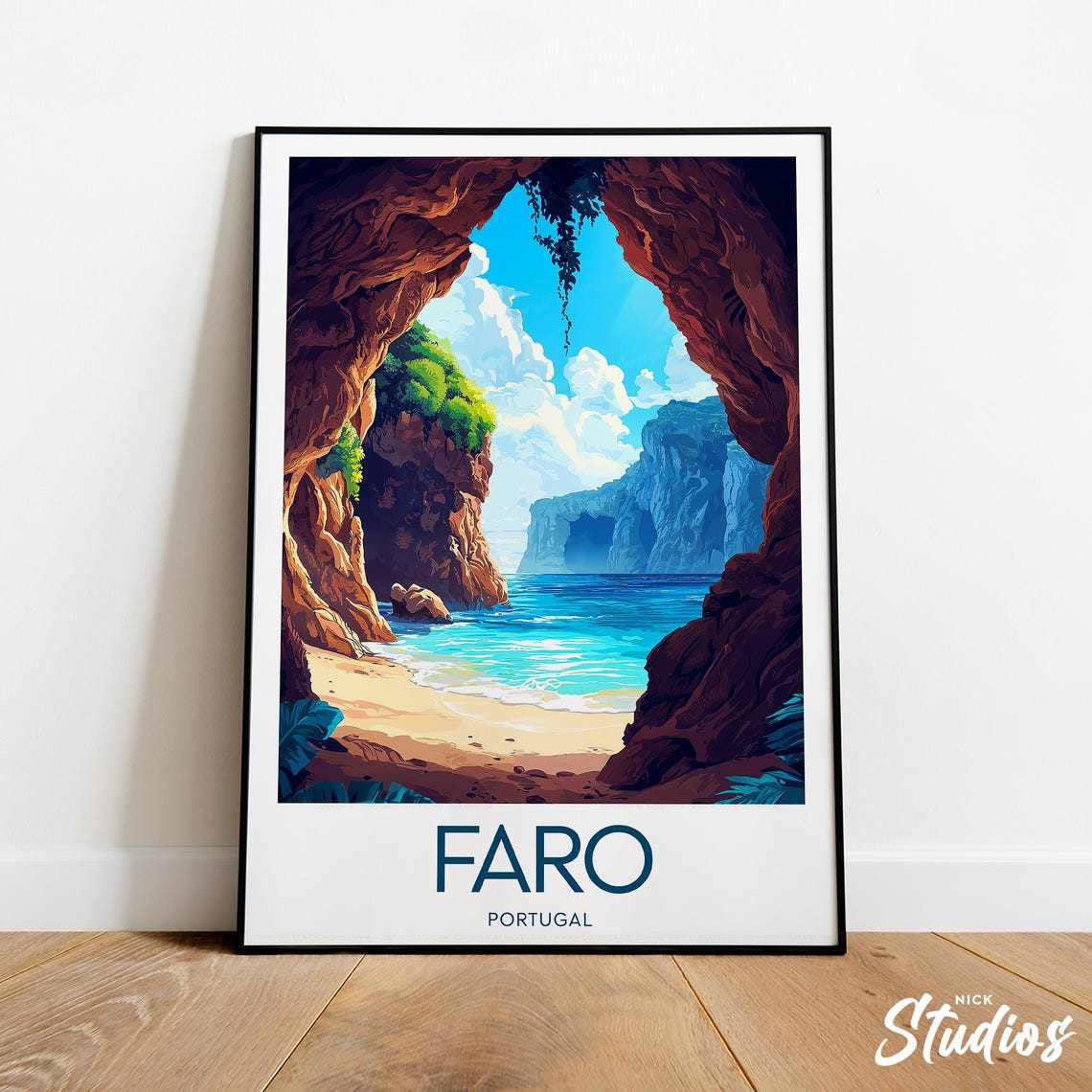 Faro Portugal Hidden Cave Beach Algarve Vintage Travel Poster