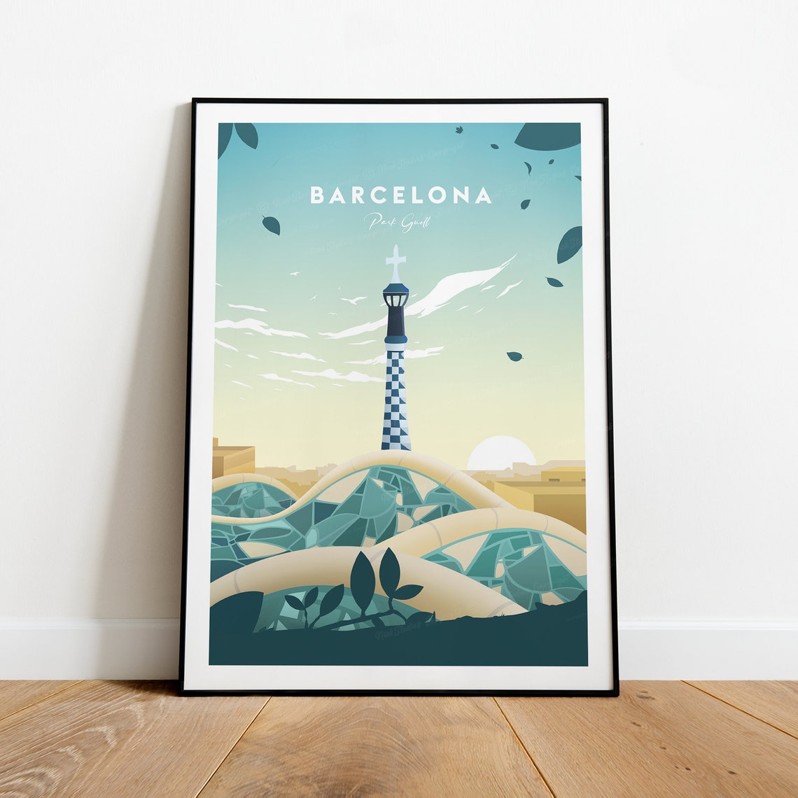 Barcelona Park Guell Mosaic Spire Sunset Terrace View Poster - Image 2