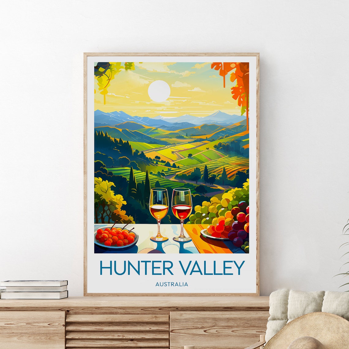Hunter Valley Australia Vineyards Wine Glasses Sunset Travel Poster - Image 2