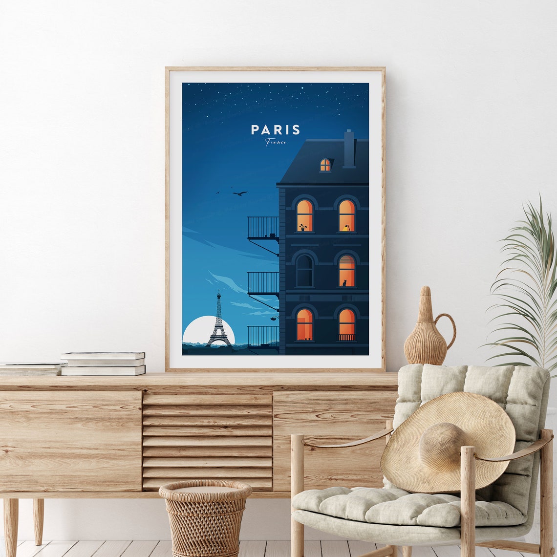 Paris France Night Building Eiffel Tower Moon Cityscape Poster