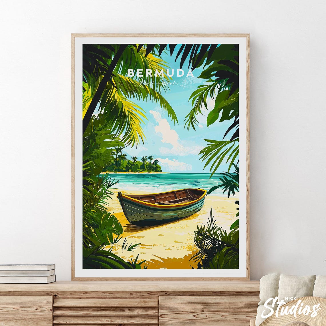 Bermuda Tropical Beach Rowboat Retro North Atlantic Travel Poster