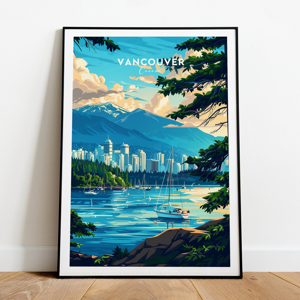 Vancouver Canada Harbor Skyline Mountain Vintage Travel Poster