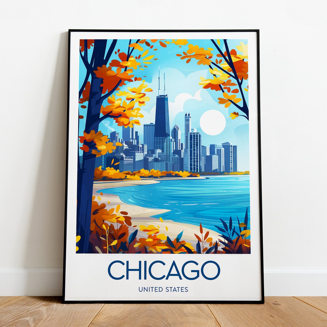 Chicago United States Skyline Lake Autumn Leaves Travel Poster - Image 2