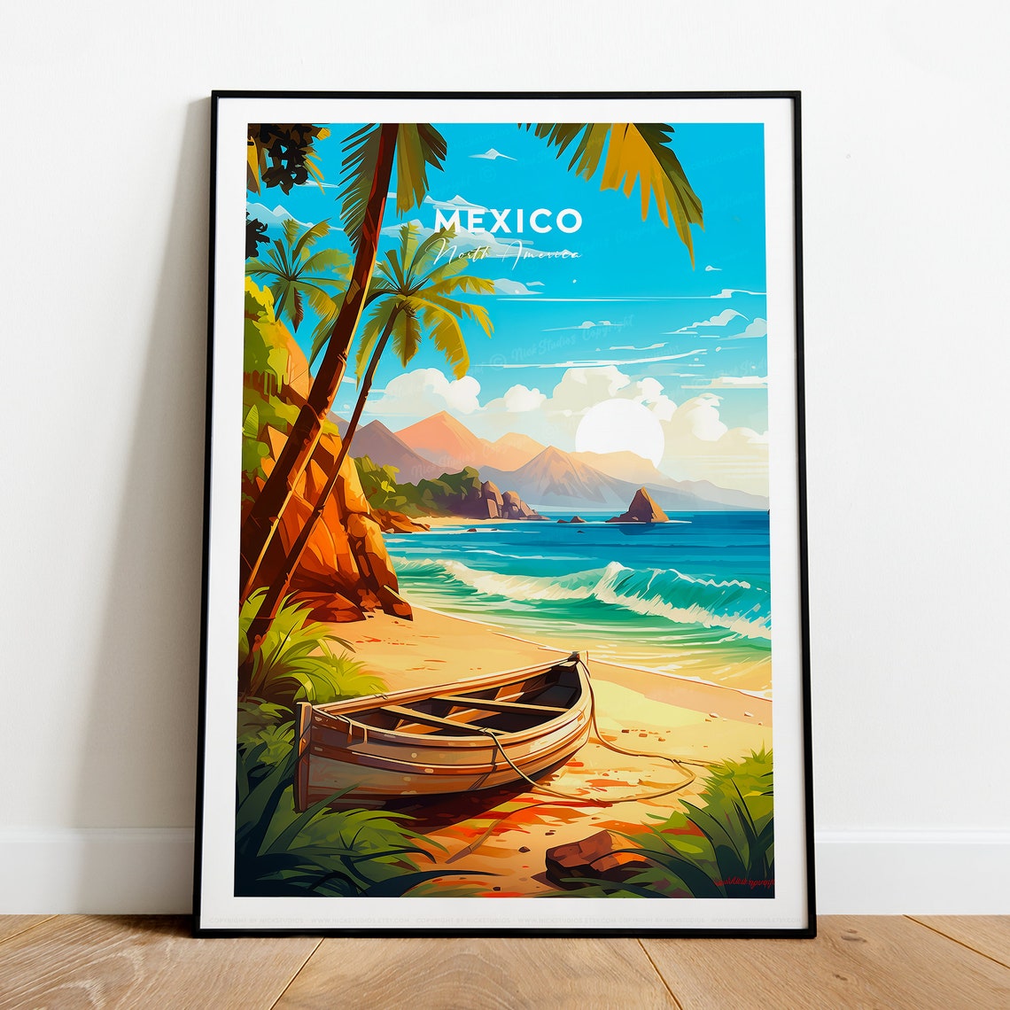 Mexico Beach Palm Trees Fishing Boat Tropical Coast Travel Poster - Image 3