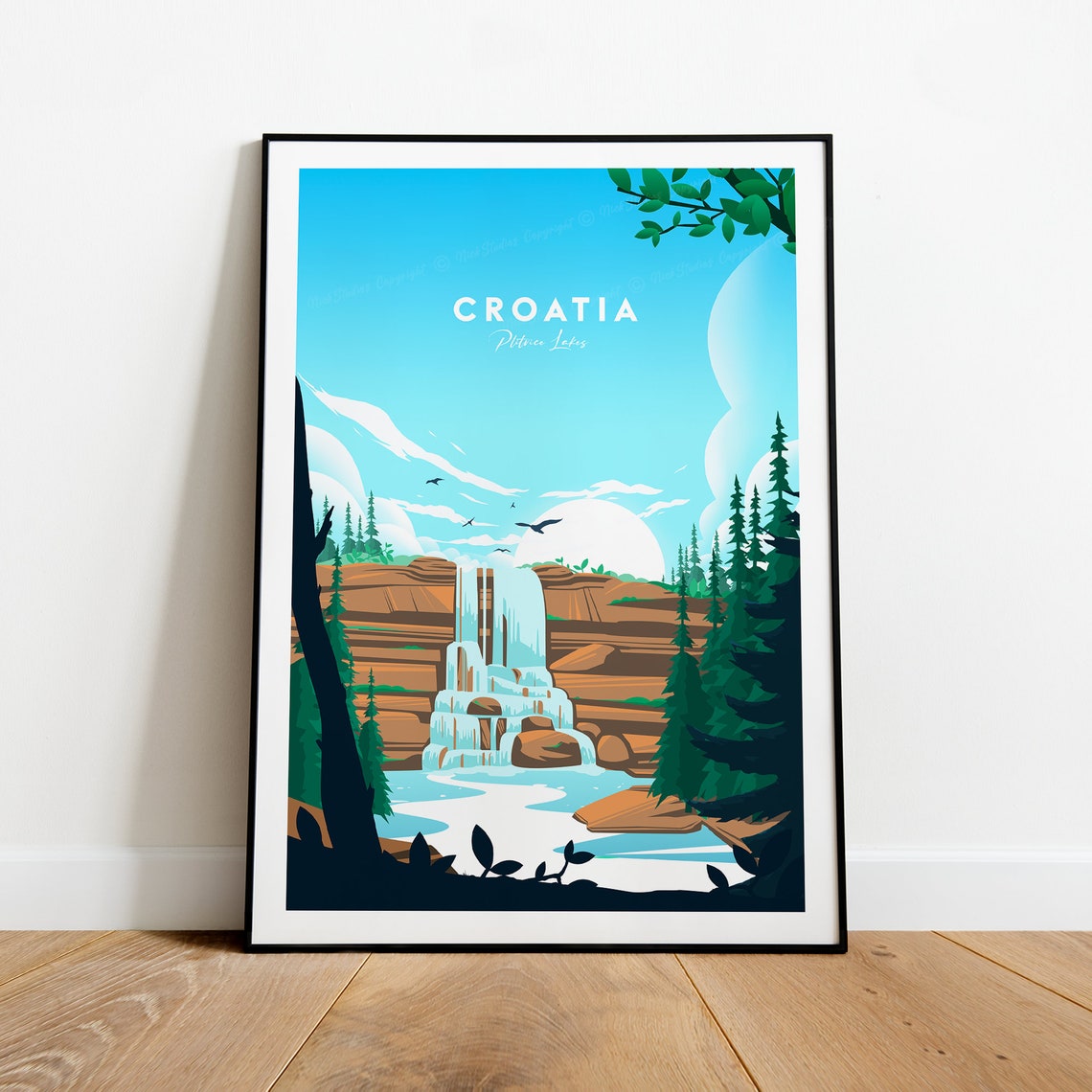 Croatia Plitvice Lakes Waterfall Forest Vintage Travel Poster - Image 2