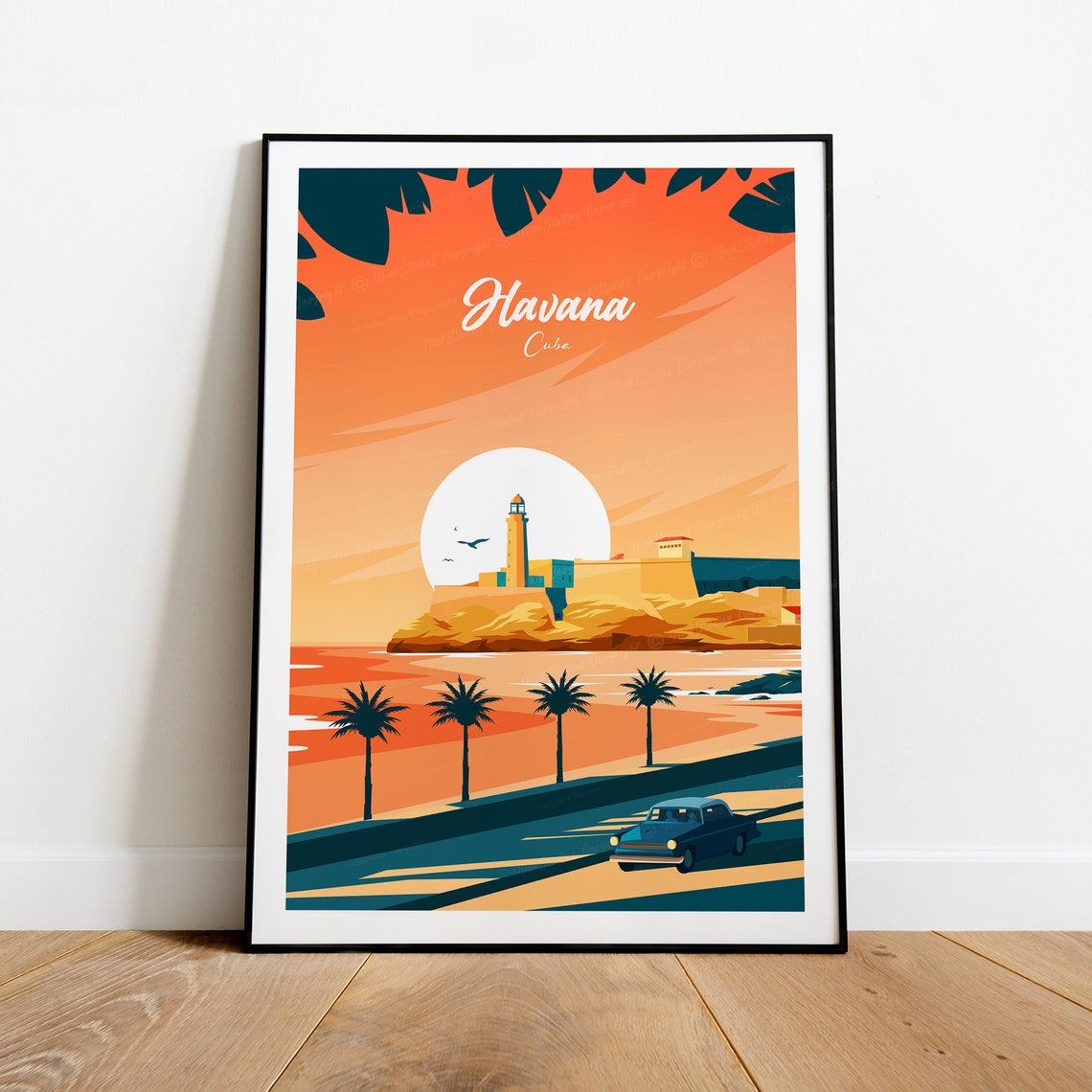 Havana Cuba Sunset El Morro Lighthouse Palms Classic Car Travel Poster - Image 2