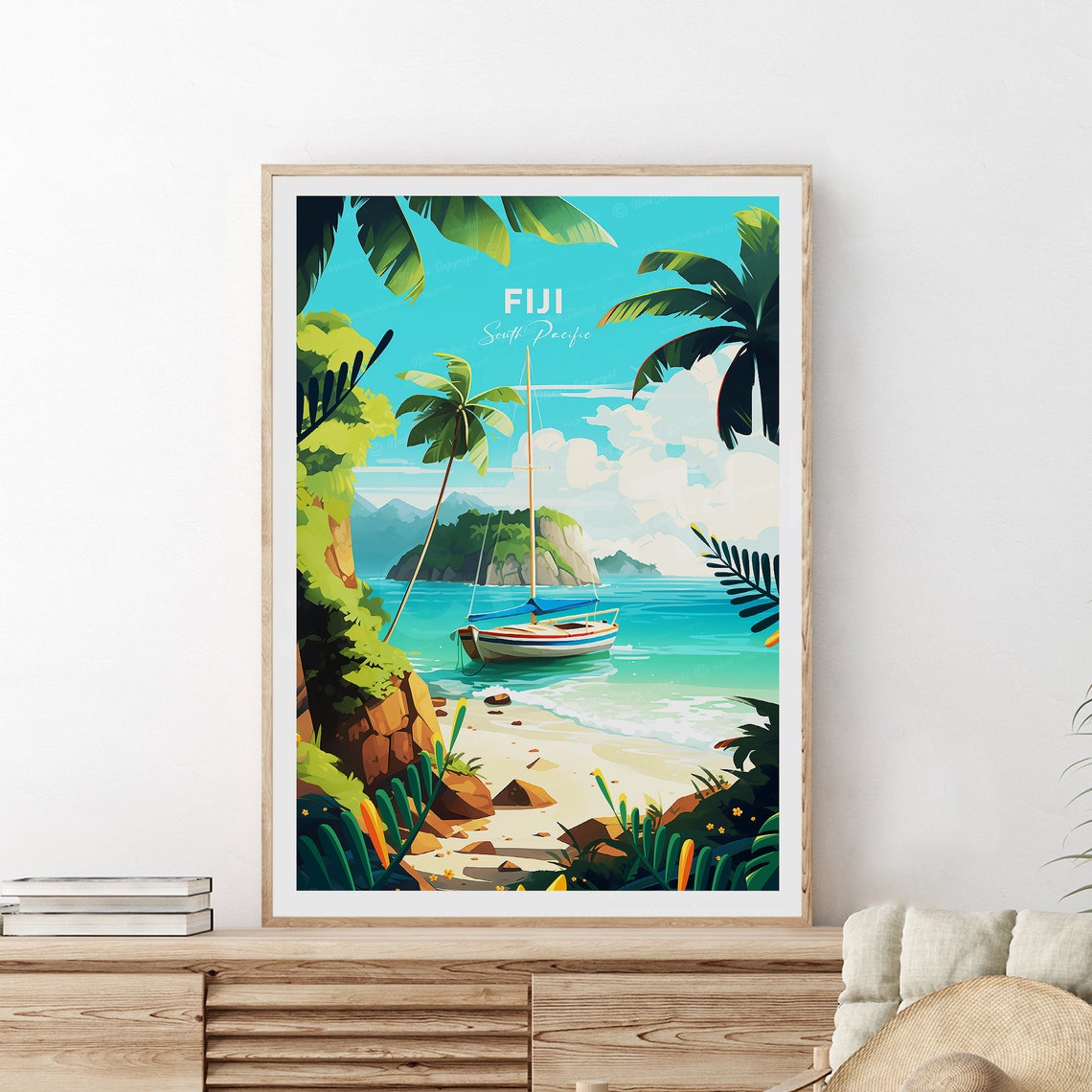 Fiji South Pacific Sailboat Turquoise Cove Palms Travel Poster - Image 2