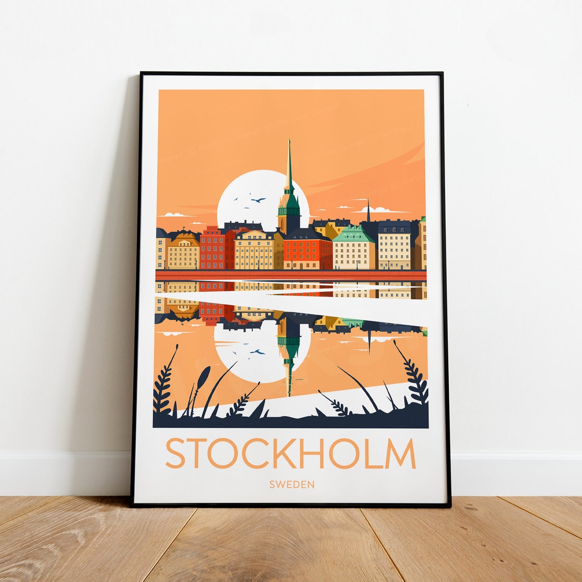 Stockholm Sweden Sunset Harbor Skyline Vintage Travel Poster - Image 2