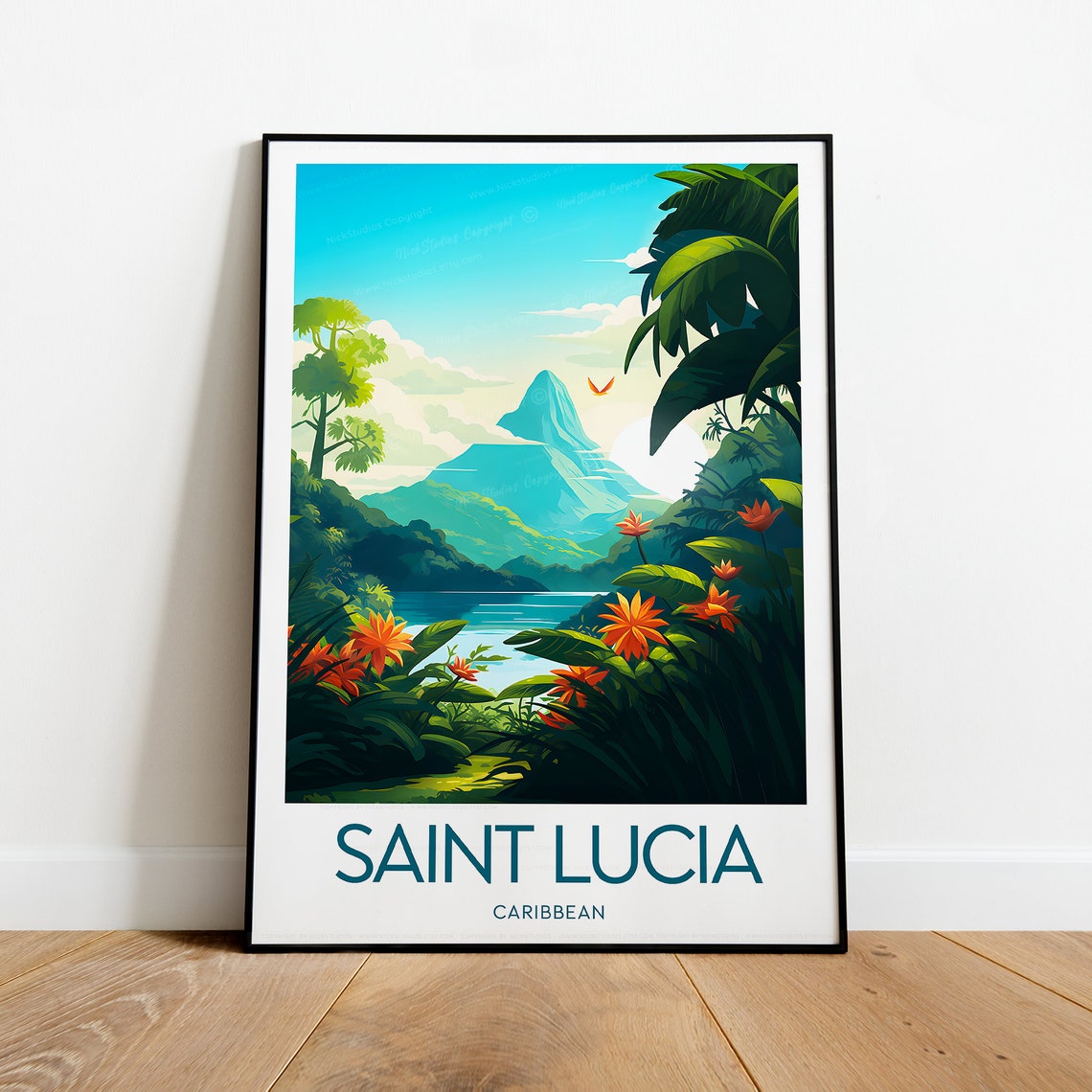 Saint Lucia Caribbean Twin Pitons Tropical Flower Bay Poster - Image 2