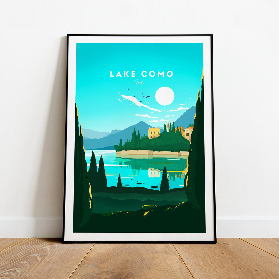 Lake Como Italy Turquoise Lake Cypress Villa View Travel Poster - Image 2