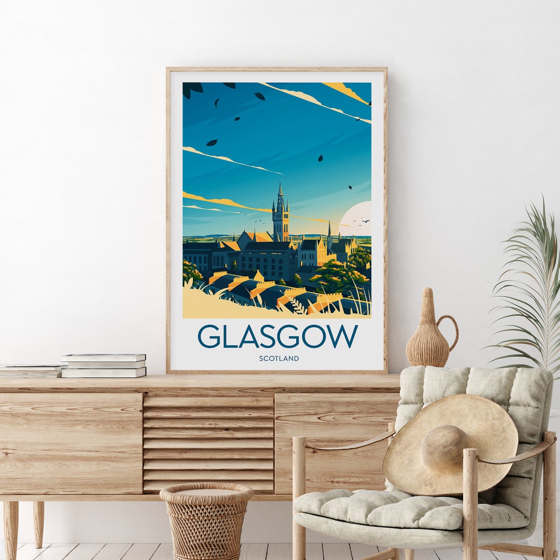 Glasgow Scotland Cathedral Skyline Rooftops Sunset Travel Poster