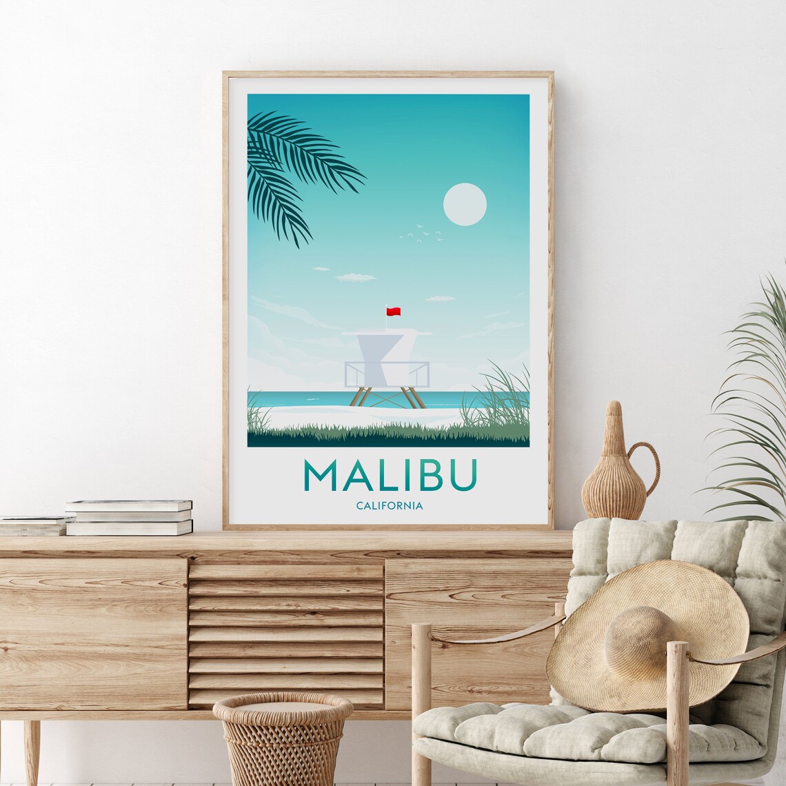 Malibu California Lifeguard Tower Beach Coastal Travel Poster