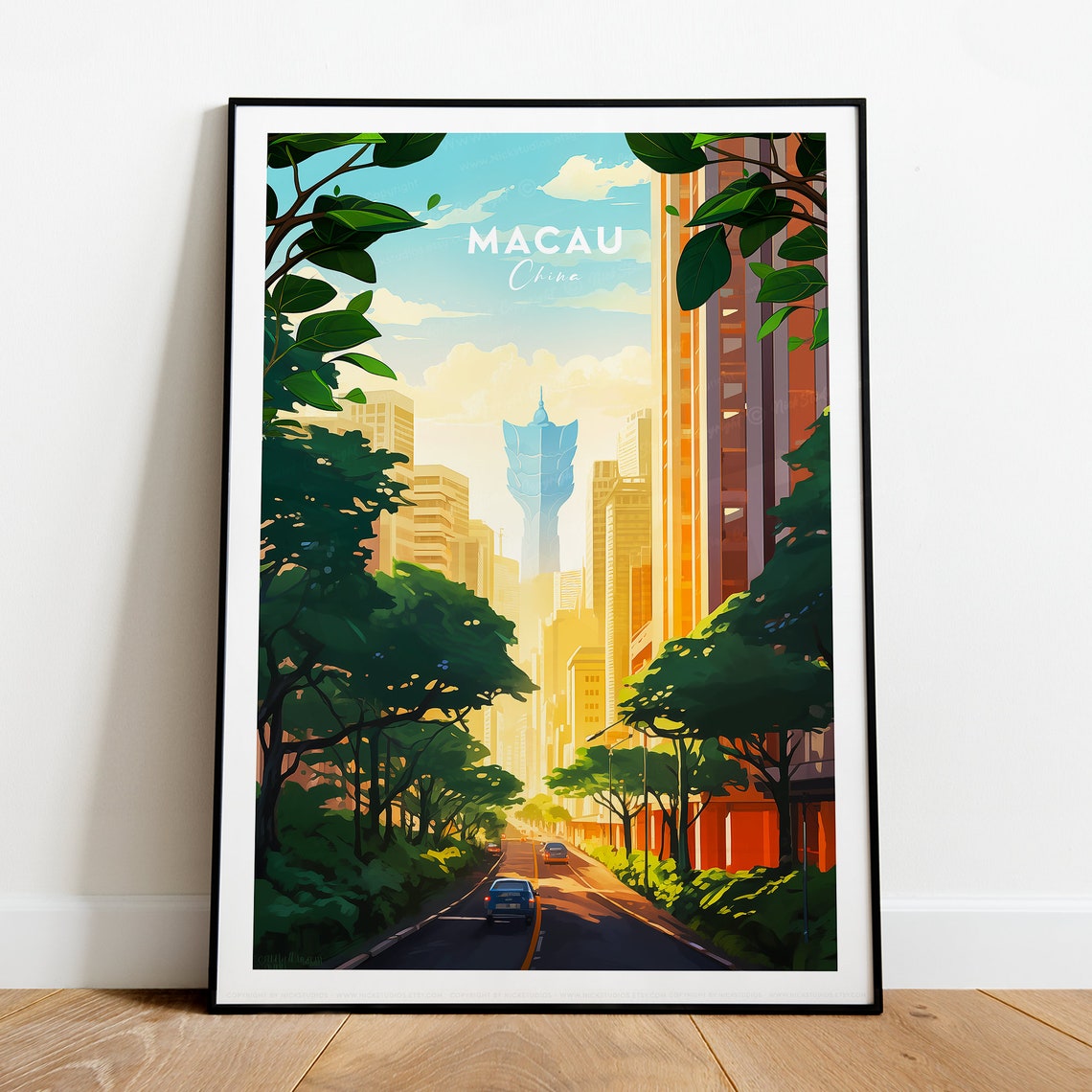 Macau China Sunlit Avenue Lined With Trees to the Tower Poster - Image 2