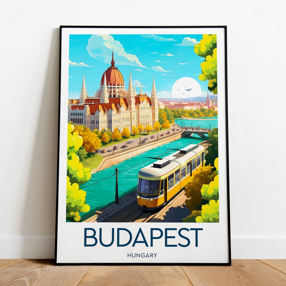Budapest Hungary Parliament Tram Riverside Danube Scene Poster