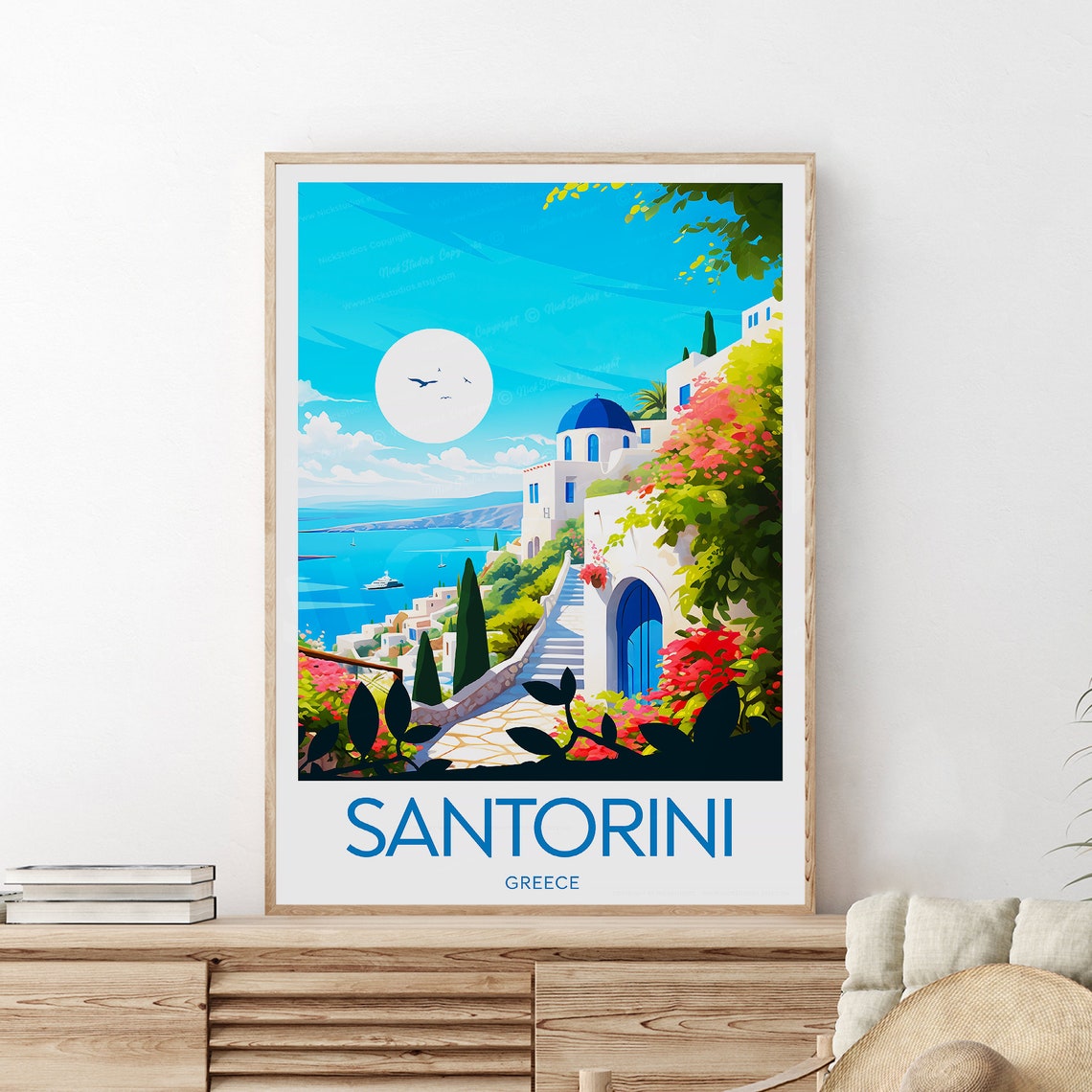 Santorini Greece Blue Domes Aegean Cliffside Village Wall Art - Image 2