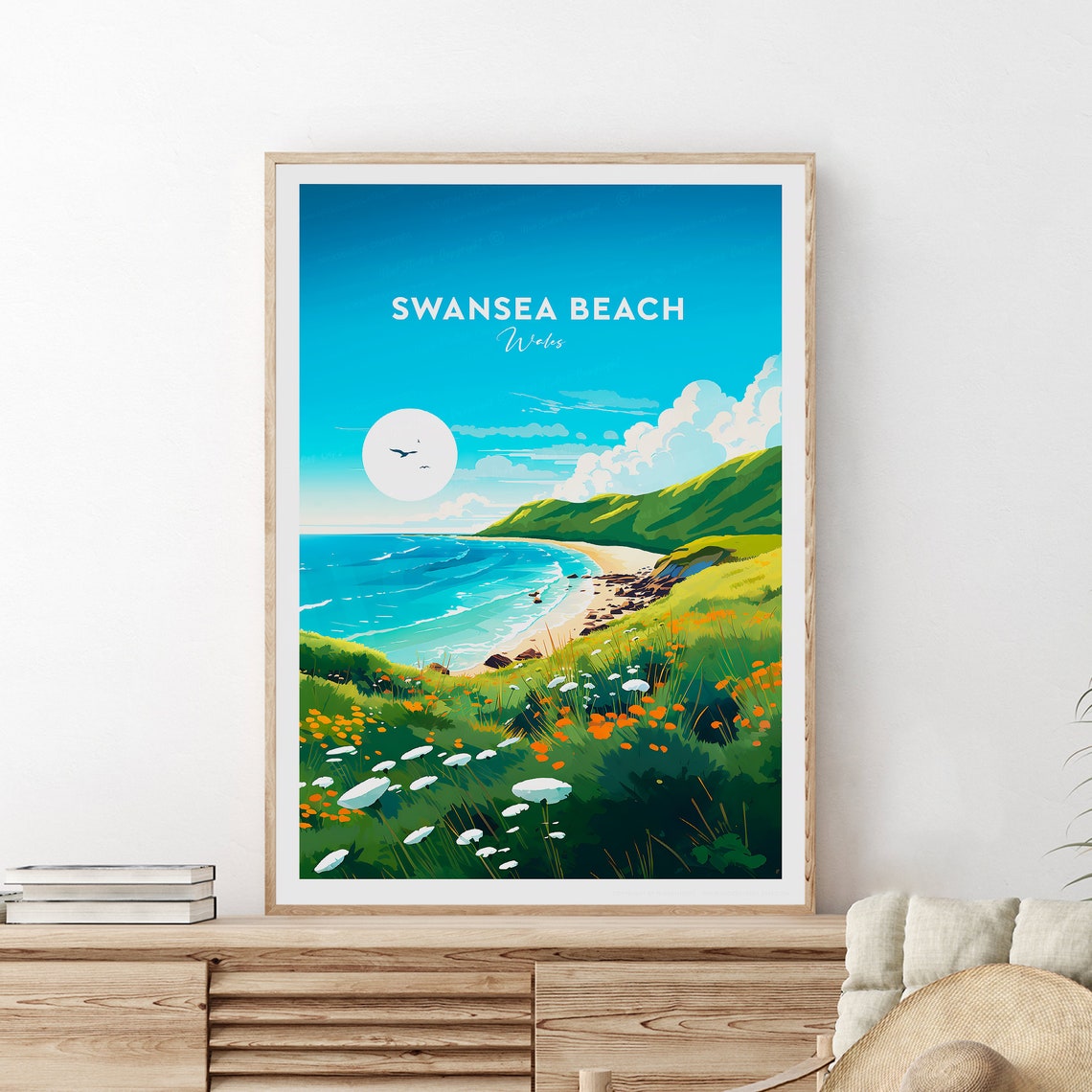 Swansea Beach Wales Sunny Bay Wildflower Meadow Travel Poster
