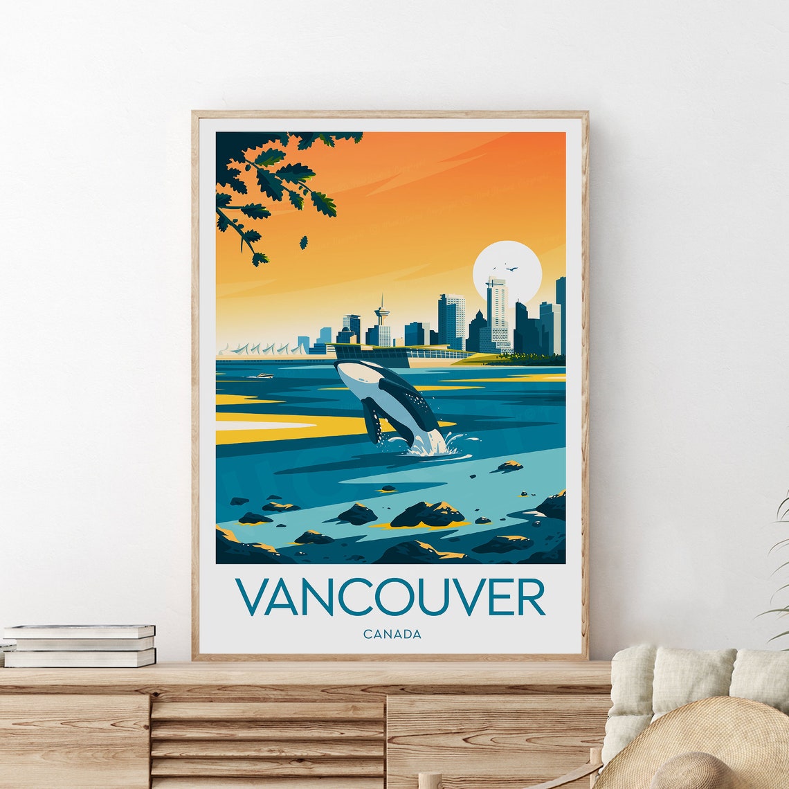 Vancouver Canada Sunset Orca Whale Skyline Harbor Travel Poster - Image 2