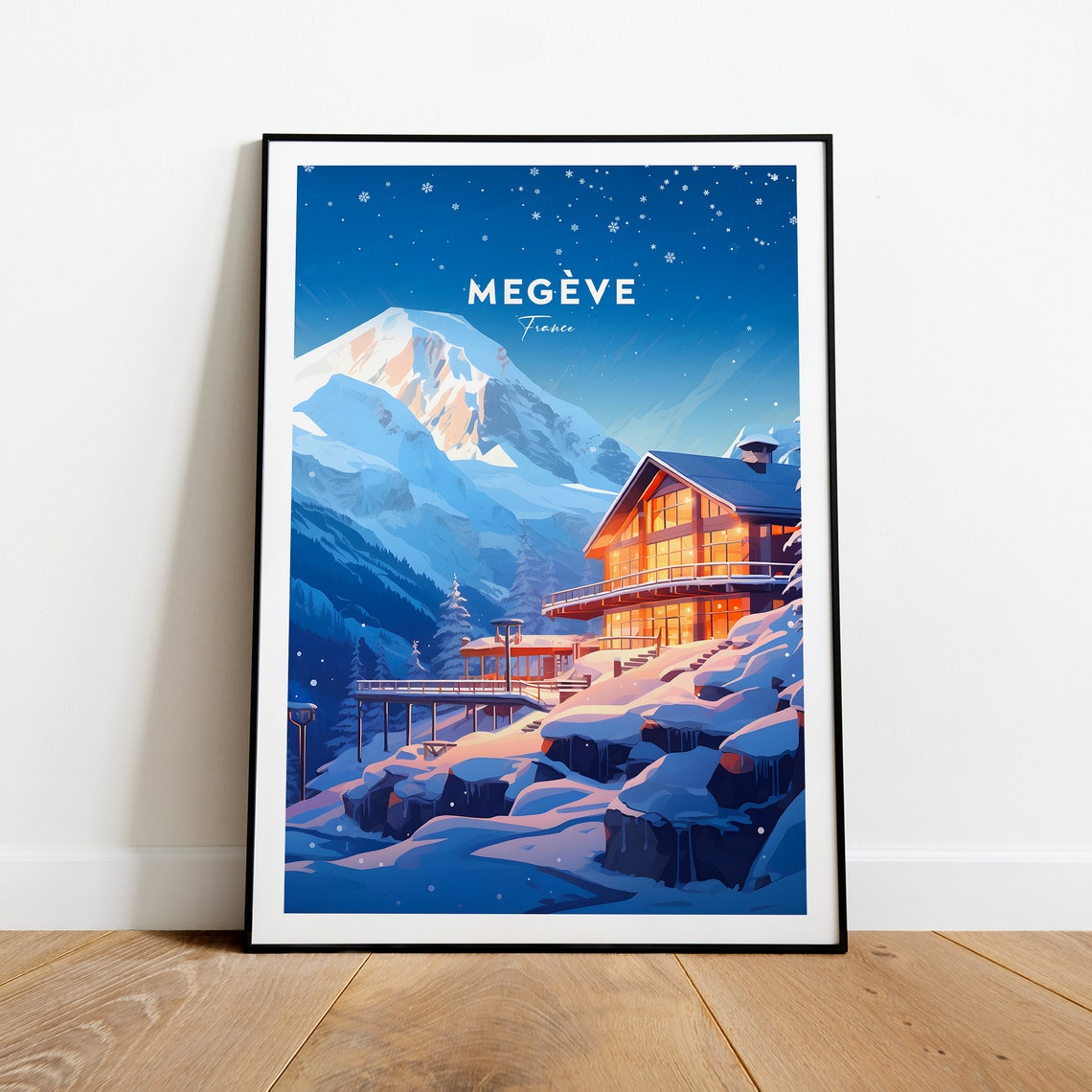 Megeve France Snowy Mountain Chalet Night Lights Ski Travel Poster