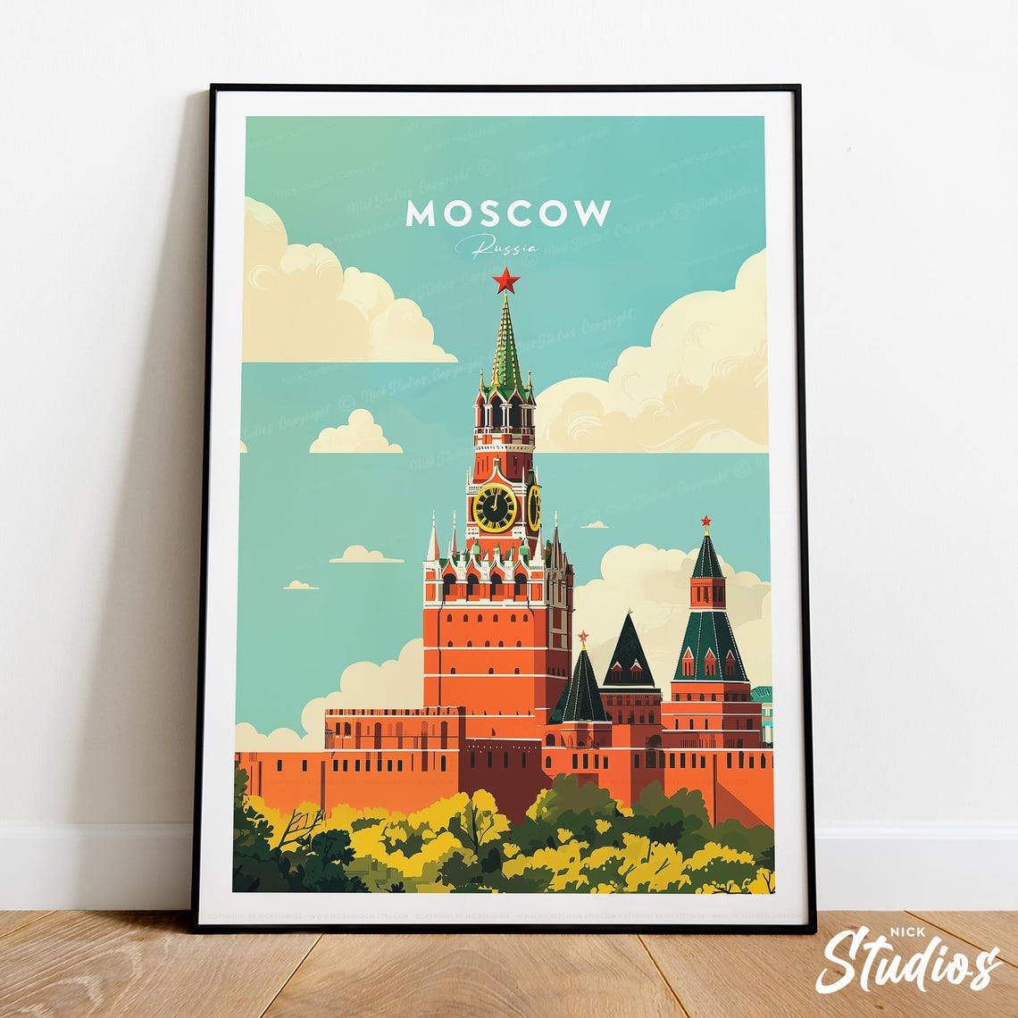 Moscow Russia Red Square Kremlin Tower Vintage Travel Souvenir Poster