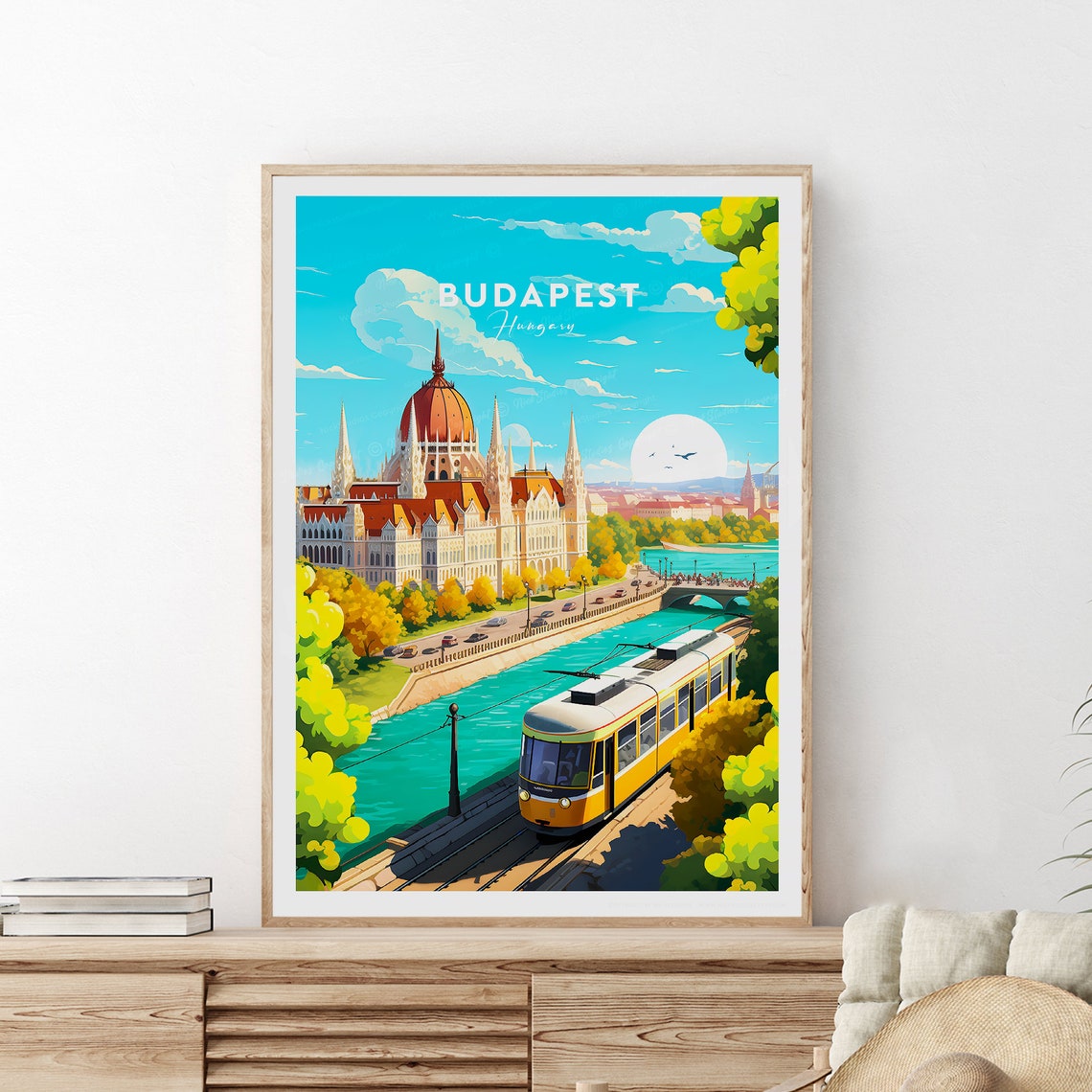 Budapest Hungary Parliament and Yellow Tram Riverside Travel Poster