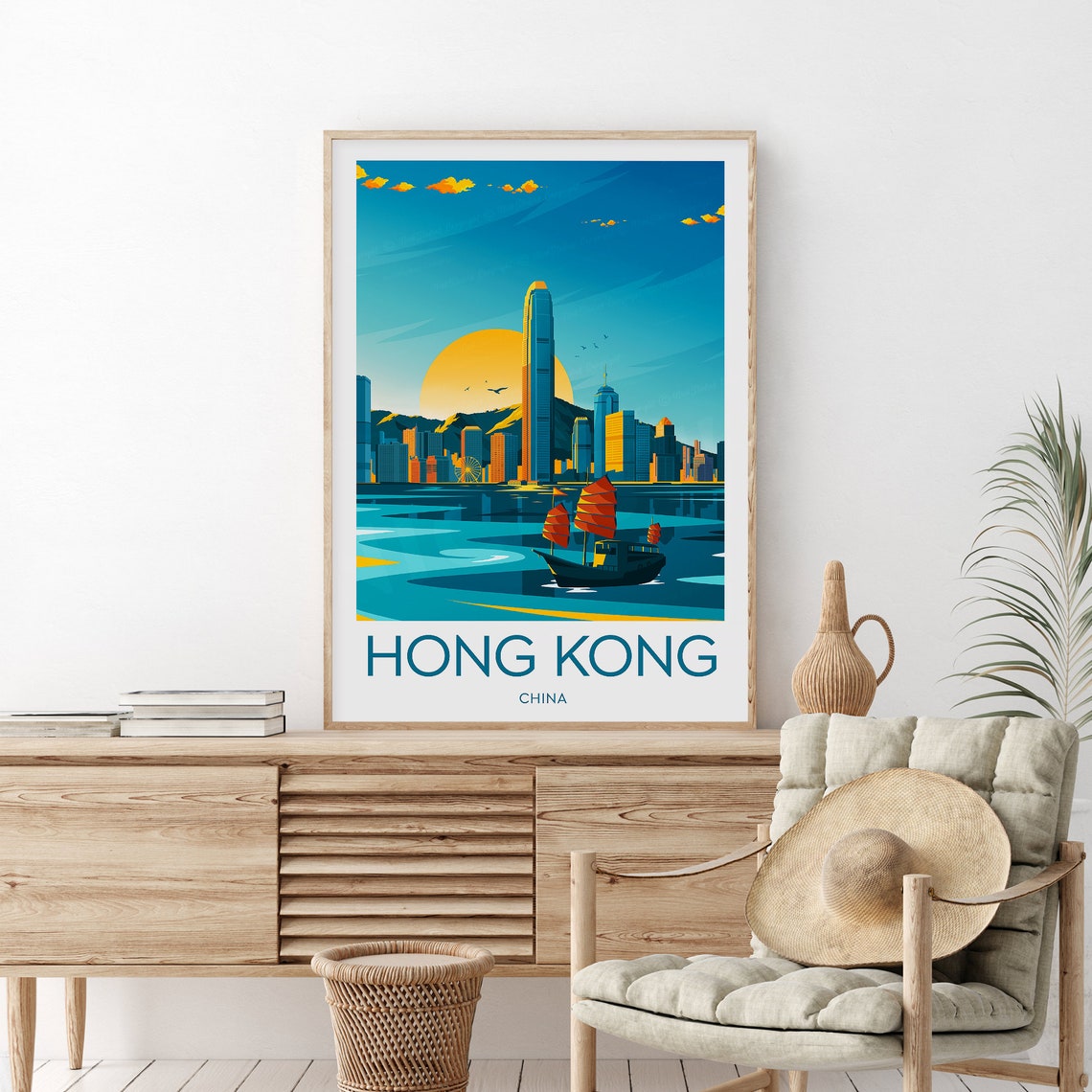 Hong Kong China Junk Boat Sunset Victoria Harbor Travel Poster