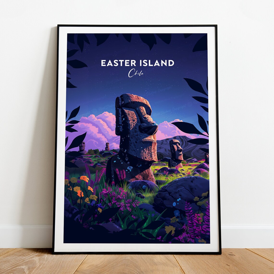 Easter Island Chile Moai Statues Night Sky Flower Field Scenic Travel Poster - Image 2