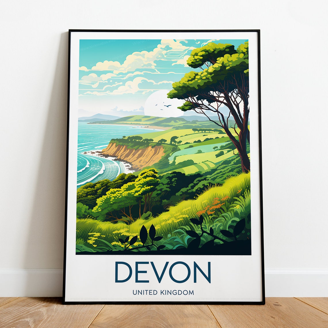 Devon United Kingdom Lush Green Coastal Cliffs and Sea Poster