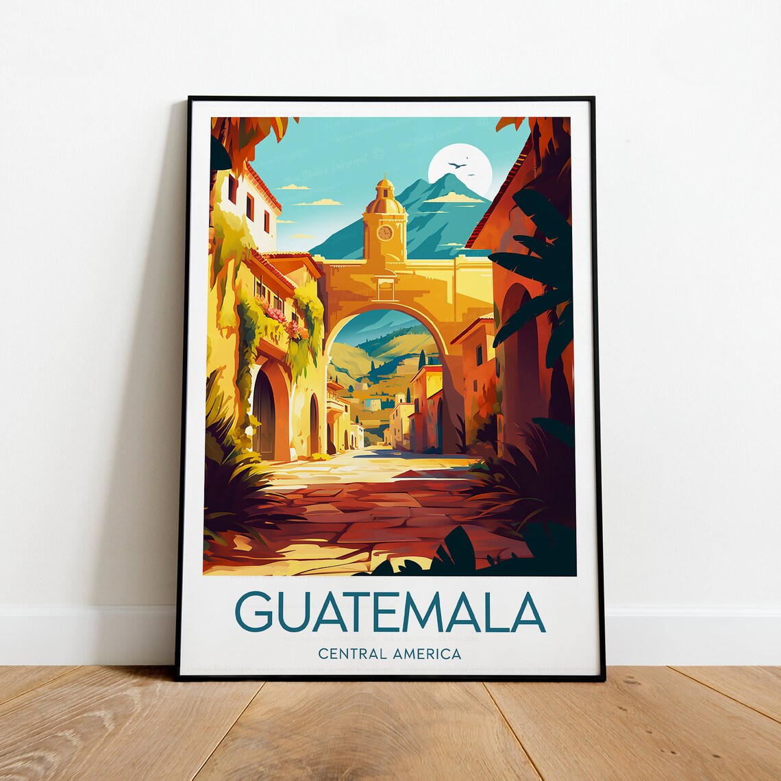 Guatemala Antigua Colonial Arch Volcano Street Scene Travel Poster - Image 2