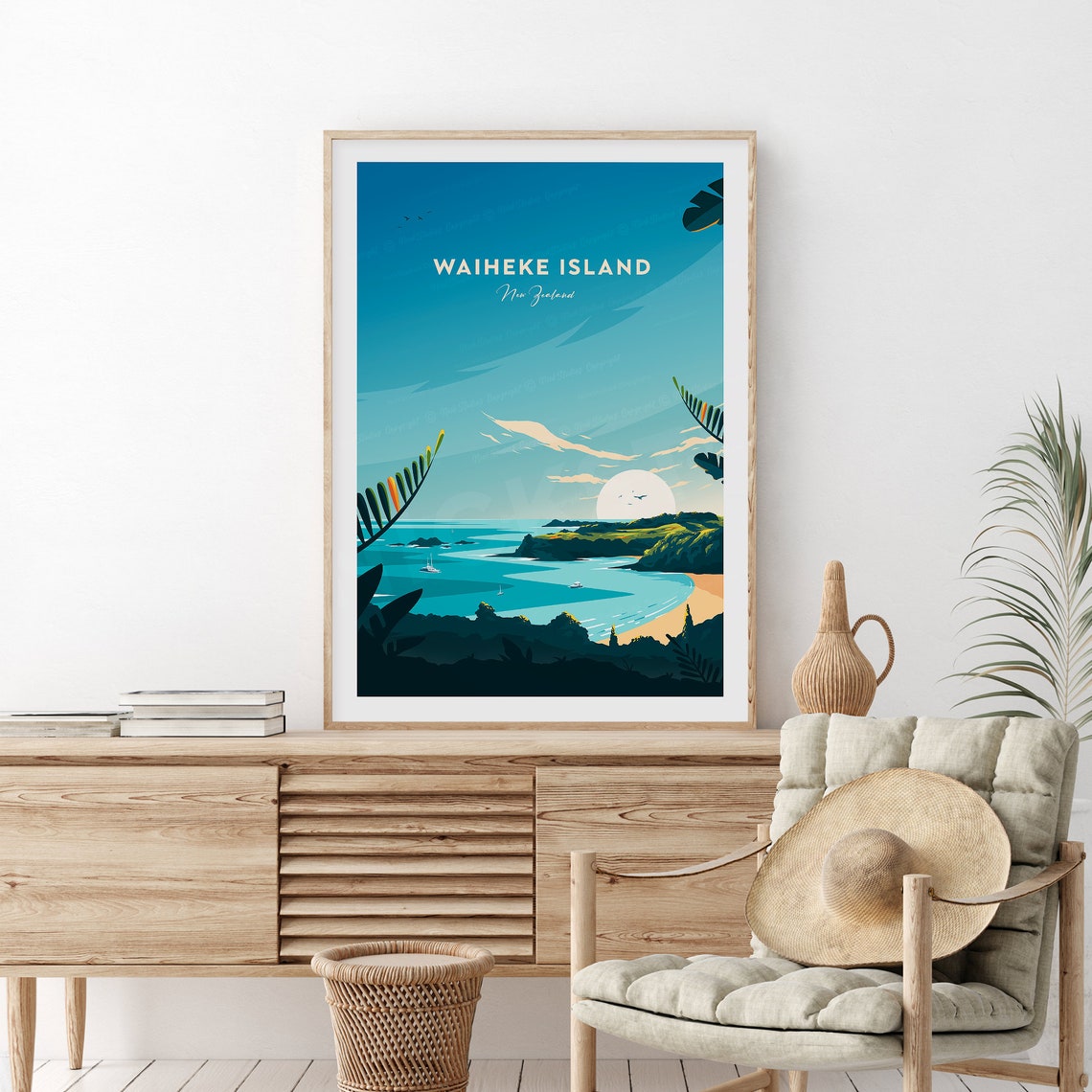 Waiheke Island New Zealand Coastal Bay Vintage Travel Poster