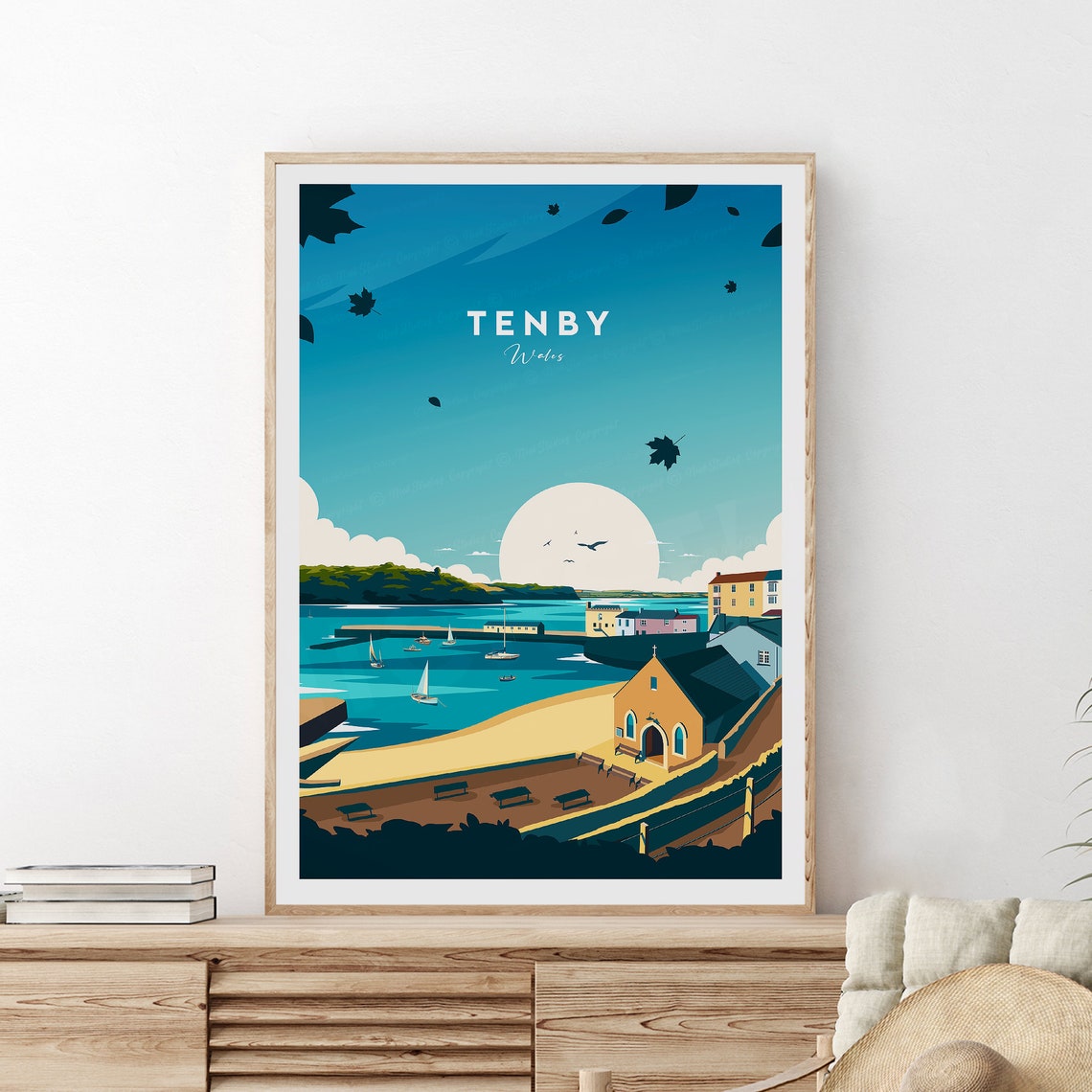 Tenby Wales Sailboat Harbor Sandy Beach Old Town Travel Poster