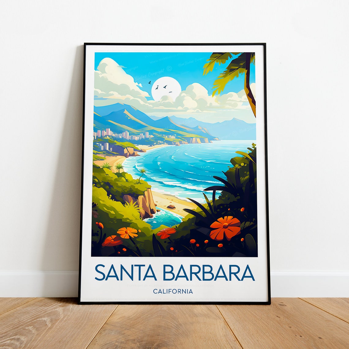 Santa Barbara California Beach Cove Orange Flowers Travel Poster