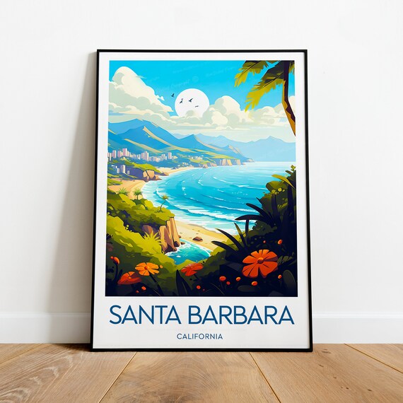 Santa Barbara California Beach Cove Orange Flowers Travel Poster