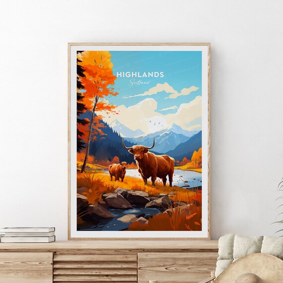 Majestic Scottish Highlands Autumn River With Highland Cows Wall Art
