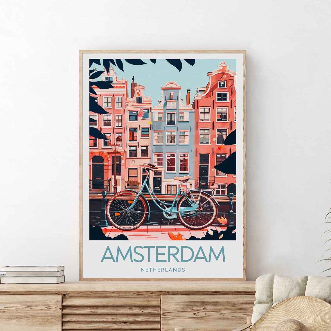 Amsterdam Netherlands Bicycle and Canal Houses Vintage Travel Poster