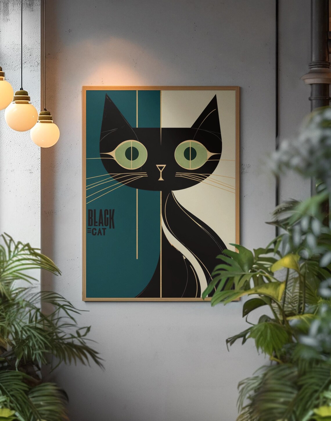Black Cat Art Deco Geometric Green Eye Feline Portrait Wall Art